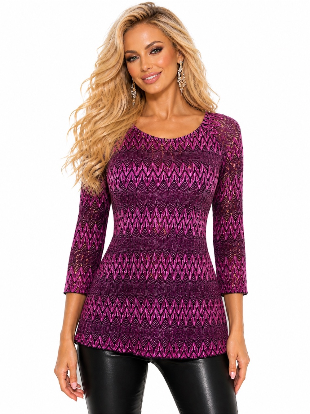 🔥🔥NEW DIRECTIONS Petites Sz PL 3/4 Sleeve Purple/black Top